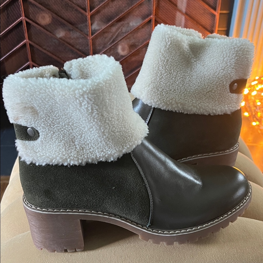Black and Cream Shearling Ankle Boots